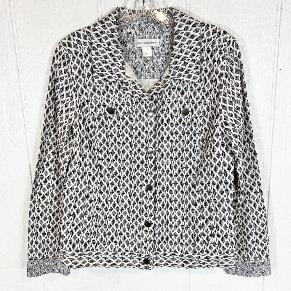 Christopher and Banks White and Navy Blue Diamond Print Button Down Jacket
